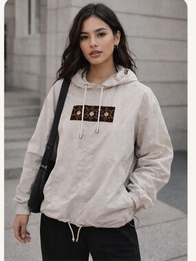 Christopher & Banks Cream Hooded Pullover with Embroidered Chest Panel
